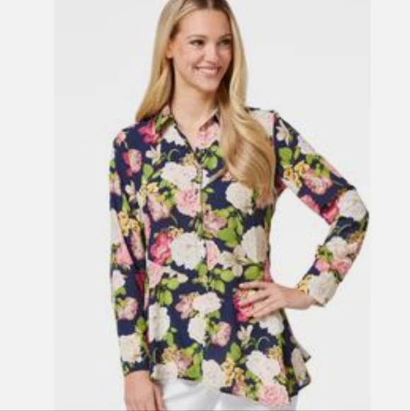 Cato Floral Button Down Shirt - Navy, Pink, Green - Picture 2 of 6